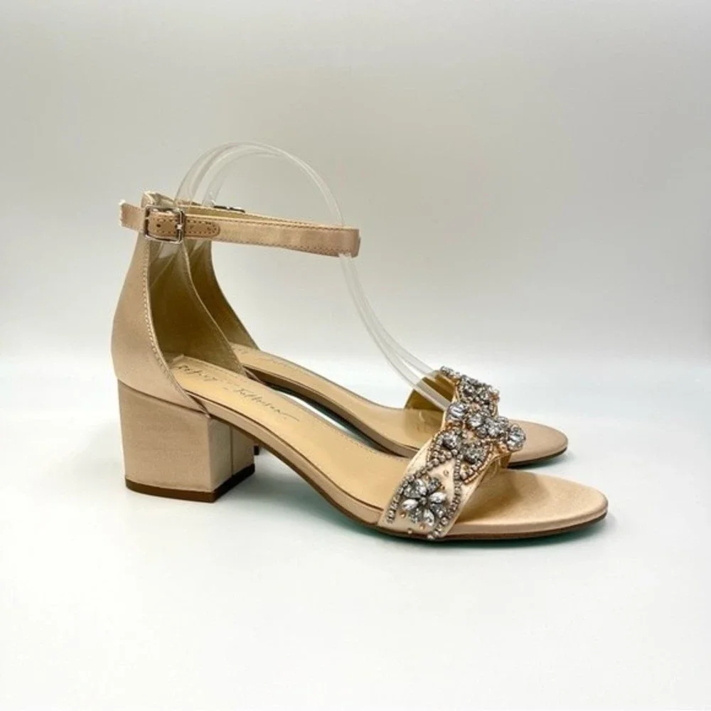 Betsey Johnson‎ Size 8.5 Jeweled Jewel Champagne Block Heels Dress Sandals Shoes